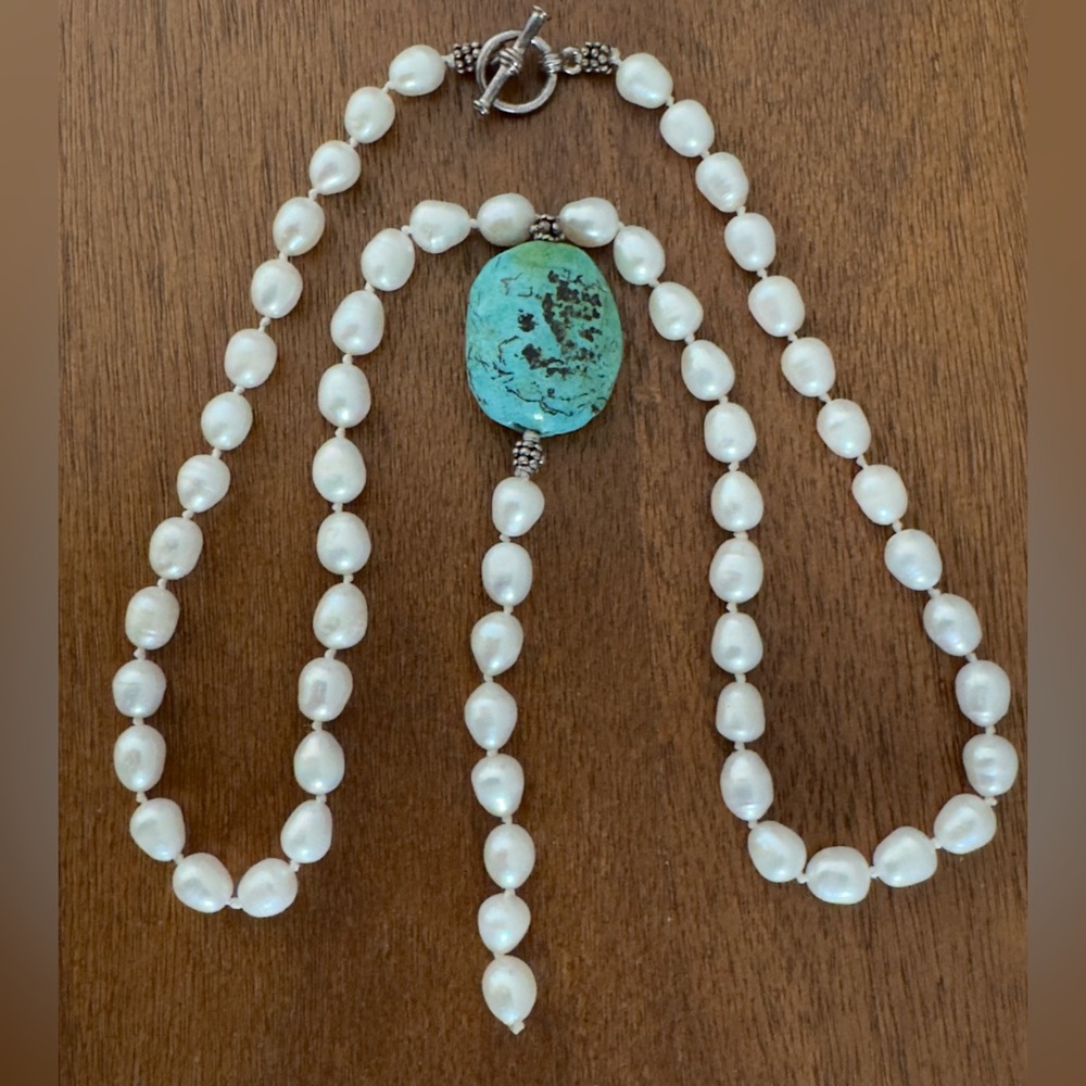 Sterling Silver Pearl Bead Turquoise Y Necklace Toggle Clasp 20"